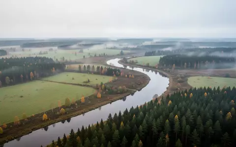 Eine weite, neblige Landschaft mit bewaldeten Hügeln und einem Fluss im Baltikum bei bewölktem Himmel. - Foto: über boerse-global.de