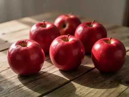Frische rote Äpfel auf einem rustikalen Holztisch bei natürlichem Lichteinfall. - Foto: über boerse-global.de