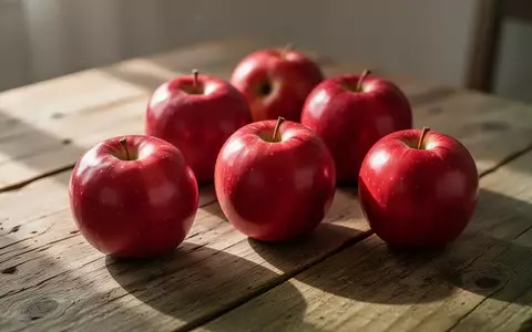 Frische rote Äpfel auf einem rustikalen Holztisch bei natürlichem Lichteinfall. - Foto: über boerse-global.de