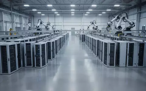 Eine weitläufige, hochmoderne Industriehalle mit modularen Server-Racks und mechanischen Armen in einer automatisierten Umgebung. - Foto: über boerse-global.de