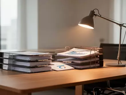 Ein moderner, minimalistischer Arbeitsplatz mit geordneten Finanzunterlagen und einer Schreibtischlampe in natürlichem Licht. - Foto: über boerse-global.de