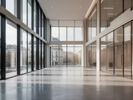 Modernes, minimalistisches Bürogebäude-Interieur mit großen Glasfronten und hellem Tageslicht. - Foto: über boerse-global.de