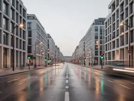Eine moderne, menschenleere europäische Stadtstraße in der Abenddämmerung mit minimalistischer Architektur. - Foto: über boerse-global.de