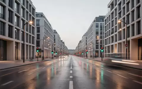 Eine moderne, menschenleere europäische Stadtstraße in der Abenddämmerung mit minimalistischer Architektur. - Foto: über boerse-global.de