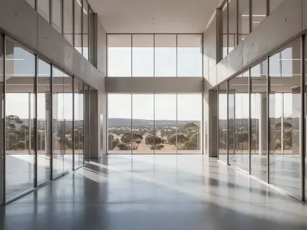 Ein minimalistischer Flur eines modernen Regierungsgebäudes mit großen Glasfronten und Blick auf die Landschaft. - Foto: über boerse-global.de
