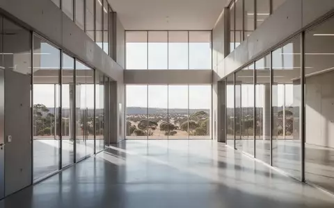 Ein minimalistischer Flur eines modernen Regierungsgebäudes mit großen Glasfronten und Blick auf die Landschaft. - Foto: über boerse-global.de