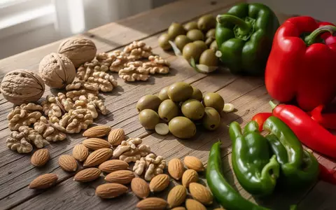 Frische mediterrane Zutaten wie Nüsse, Oliven und Paprika auf einem rustikalen Holztisch bei natürlichem Licht. - Foto: über boerse-global.de