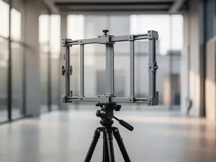 Ein minimalistisches, modulares Metallstativ-System in einem professionellen Videostudio mit weichem Tageslicht. - Foto: über boerse-global.de