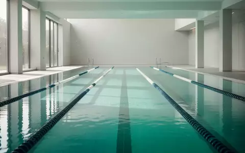 Ein ruhiges Schwimmbecken mit klarem, türkisfarbenem Wasser in einer hellen, modernen Schwimmhalle. - Foto: über boerse-global.de