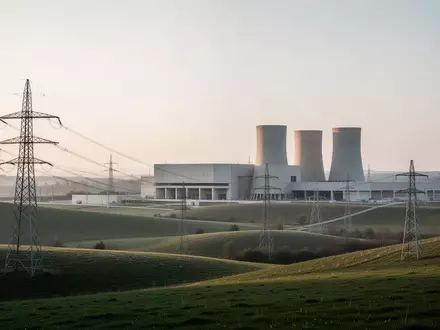Weitwinkelaufnahme einer modernen Industrieanlage mit Strommasten und Kühlstrukturen in einer europäischen Hügellandschaft bei Sonnenaufgang. - Foto: über boerse-global.de
