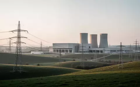 Weitwinkelaufnahme einer modernen Industrieanlage mit Strommasten und Kühlstrukturen in einer europäischen Hügellandschaft bei Sonnenaufgang. - Foto: über boerse-global.de