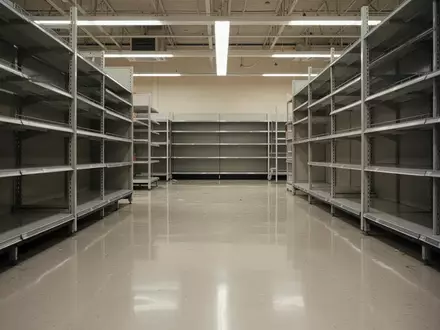 Ein leerer Gang in einem Supermarkt mit glänzendem Boden und Metallregalen in einer sachlichen, neutralen Atmosphäre. - Foto: über boerse-global.de