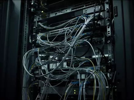 Dunkles, industrielles Server-Rack mit komplexer Verkabelung und tiefen Schatten. - Foto: über boerse-global.de