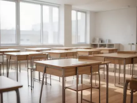 Ein heller, leerer Klassenraum mit modernen Holztischen und einfallendem Tageslicht. - Foto: über boerse-global.de