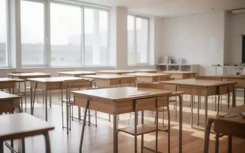 Ein heller, leerer Klassenraum mit modernen Holztischen und einfallendem Tageslicht. - Foto: über boerse-global.de