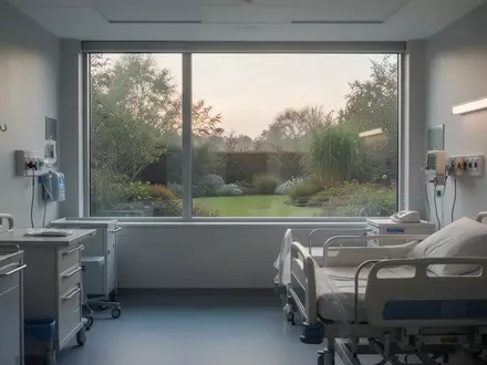 Ein heller, steriler Krankenhausraum mit Blick auf einen ruhigen Garten bei Tagesanbruch. - Foto: über boerse-global.de