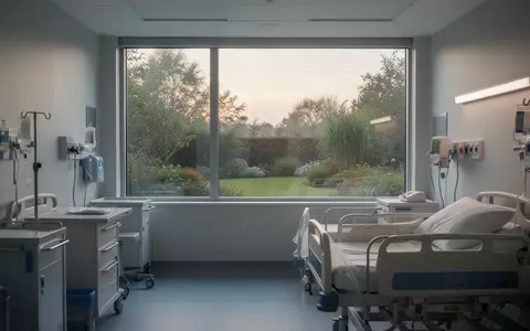 Ein heller, steriler Krankenhausraum mit Blick auf einen ruhigen Garten bei Tagesanbruch. - Foto: über boerse-global.de