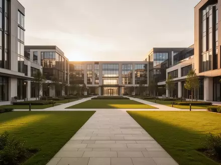 Ein weitläufiger, moderner Gewerbepark bei Sonnenuntergang mit gepflegten Grünflächen und Gehwegen. - Foto: über boerse-global.de