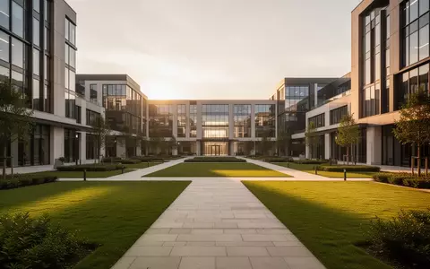Ein weitläufiger, moderner Gewerbepark bei Sonnenuntergang mit gepflegten Grünflächen und Gehwegen. - Foto: über boerse-global.de