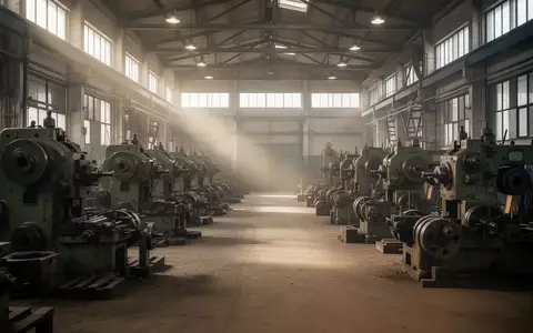 Eine weitläufige, menschenleere Maschinenbauhalle mit schweren Industrieanlagen und Stahlbauteilen in gedämpftem Licht. - Foto: über boerse-global.de