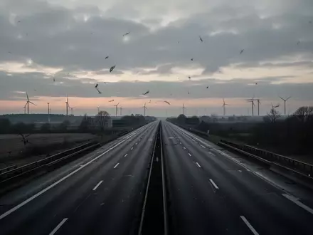 Eine leere, verlassene Autobahn bei Dämmerung unter einem grauen Himmel, die die wirtschaftliche Belastung der Logistikbranche symbolisiert. - Foto: über boerse-global.de
