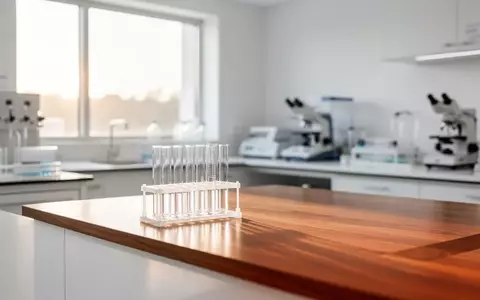 Ein minimalistisch eingerichtetes, helles medizinisches Labor mit Reagenzgläsern auf einem Holztisch. - Foto: über boerse-global.de