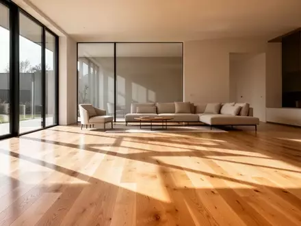 Ein heller, minimalistischer Wohnraum mit poliertem Parkettboden, auf dem sich die Sonnenstrahlen und Schatten der Fenster abzeichnen. - Foto: über boerse-global.de