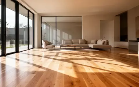 Ein heller, minimalistischer Wohnraum mit poliertem Parkettboden, auf dem sich die Sonnenstrahlen und Schatten der Fenster abzeichnen. - Foto: über boerse-global.de