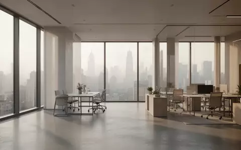 Ein minimalistisches, modernes Großraumbüro mit großen Fenstern und Blick auf eine Skyline bei Tageslicht. - Foto: über boerse-global.de