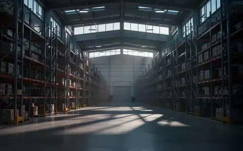 Ein leeres, modernes Logistiklager mit hohen Metallregalen und dramatischem Lichteinfall, das die angespannte Marktsituation symbolisiert. - Foto: über boerse-global.de