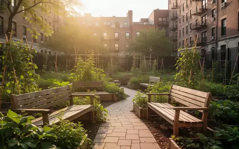 Ein sonniger Gemeinschaftsgarten in einem Innenhof mit Holzbänken und Pflanzen als Symbol für soziale Teilhabe. - Foto: über boerse-global.de
