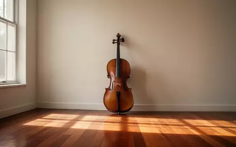 Ein einsames Cello in einem minimalistischen, lichtdurchfluteten Raum mit weichen Schatten auf einem Holzboden. - Foto: über boerse-global.de