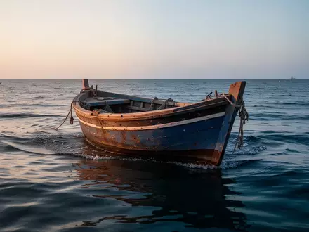Ein kleines traditionelles Fischerboot auf dem ruhigen, tiefblauen Ozean vor der marokkanischen Küste bei Sonnenaufgang. - Foto: über boerse-global.de