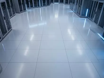 Ein minimalistischer, moderner Serverraum mit polierten weißen Bodenfliesen und subtiler blauer Beleuchtung. - Foto: über boerse-global.de