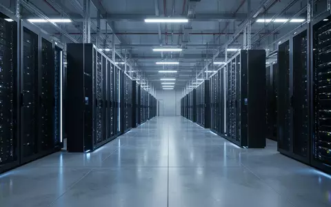 Reihen von dunklen Server-Schränken in einem modernen Rechenzentrum in kühlem blauem Licht. - Foto: über boerse-global.de