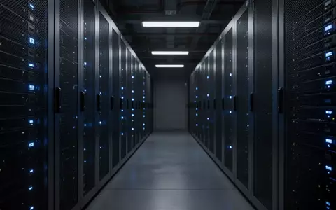 Ein dunkler, moderner Serverraum mit blau beleuchteten Serverschränken in einer industriellen Umgebung. - Foto: über boerse-global.de