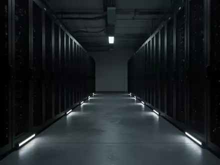 Ein dunkler, minimalistischer Serverraum mit unbeleuchteten Serverschränken in einem industriellen Gebäude. - Foto: über boerse-global.de