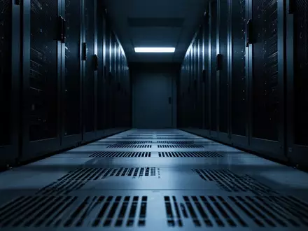 Dunkler, industrieller Serverraum-Flur mit blauer Beleuchtung als Symbol für digitale Sicherheitsrisiken. - Foto: über boerse-global.de