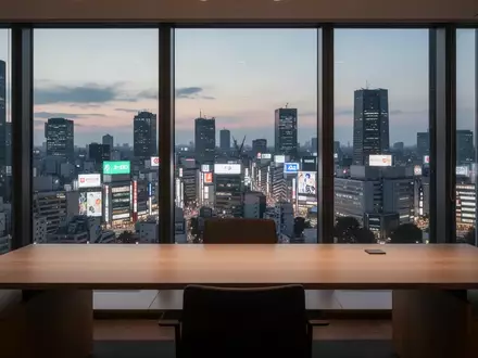 Ein minimalistischer Arbeitsplatz mit Blick auf den Bezirk Shibuya bei Dämmerung. - Foto: über boerse-global.de