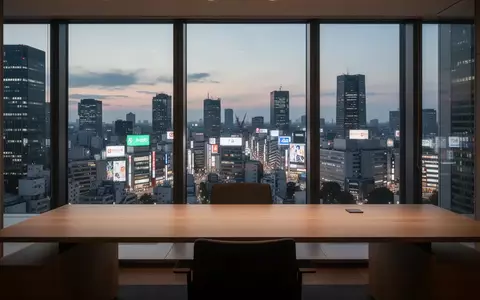 Ein minimalistischer Arbeitsplatz mit Blick auf den Bezirk Shibuya bei Dämmerung. - Foto: über boerse-global.de