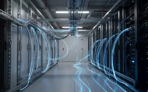 Moderne, minimalistische Server-Infrastruktur mit blau leuchtenden Glasfaserkabeln in einer Industrieumgebung. - Foto: über boerse-global.de