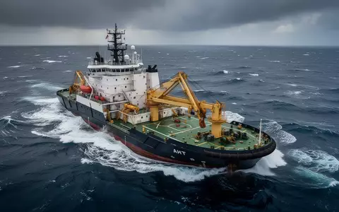 Ein großes Ankerzieh-Versorgungsschiff bei der Fahrt durch bewegte See unter bewölktem Himmel. - Foto: über boerse-global.de