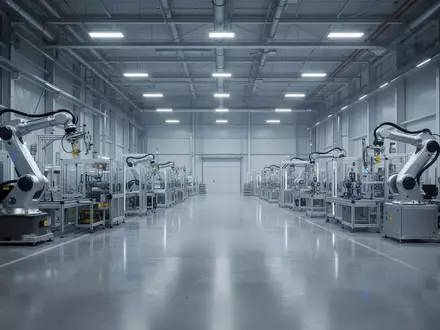 Eine moderne, weitläufige Industriehalle für die automatisierte Fertigung mit hochmodernen Maschinen und glänzenden Böden. - Foto: über boerse-global.de