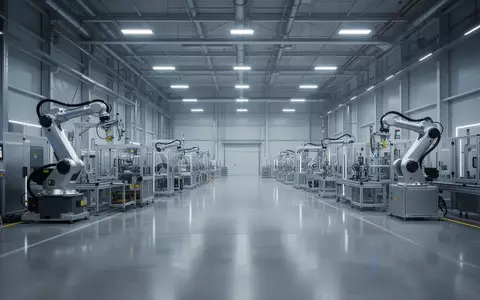 Eine moderne, weitläufige Industriehalle für die automatisierte Fertigung mit hochmodernen Maschinen und glänzenden Böden. - Foto: über boerse-global.de