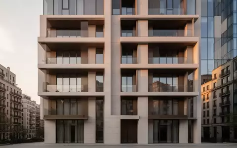 Fassade eines modernen, minimalistischen Wohngebäudes in einem städtischen Umfeld bei Sonnenuntergang. - Foto: über boerse-global.de