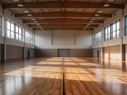 Eine leere, moderne Sporthalle mit hellem Holzboden und natürlichem Lichteinfall durch große Fenster. - Foto: über boerse-global.de