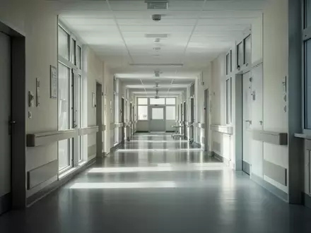 Leerer, moderner Krankenhausflur einer deutschen Universitätsklinik mit heller Beleuchtung und steriler Architektur. - Foto: über boerse-global.de