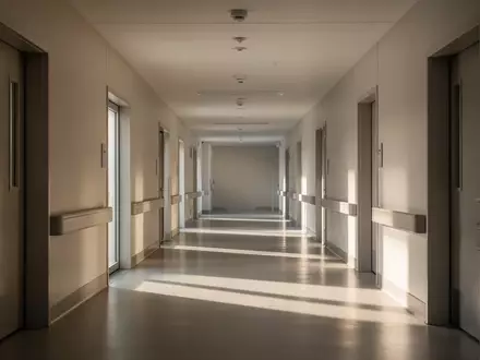 Ein minimalistischer, heller Krankenhausflur mit klaren architektonischen Linien und natürlichem Lichteinfall. - Foto: über boerse-global.de