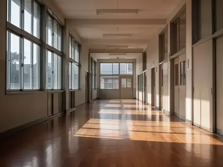 Ein leerer, sonnendurchfluteter Schulflur mit hohen Fenstern und poliertem Holzboden in einer minimalistischen Architektur. - Foto: über boerse-global.de