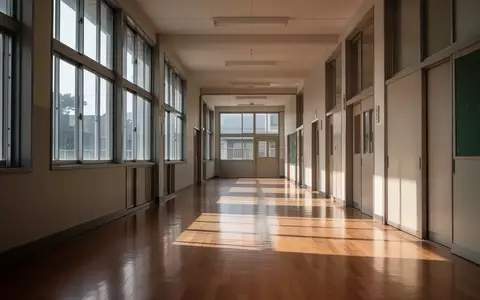 Ein leerer, sonnendurchfluteter Schulflur mit hohen Fenstern und poliertem Holzboden in einer minimalistischen Architektur. - Foto: über boerse-global.de